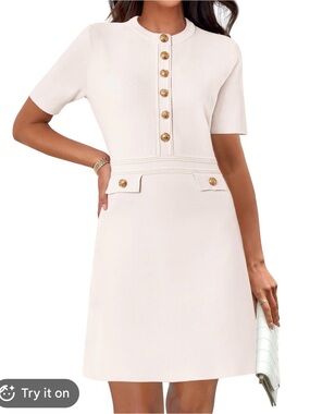 Chic Cream Shift Dress with Gold Button details